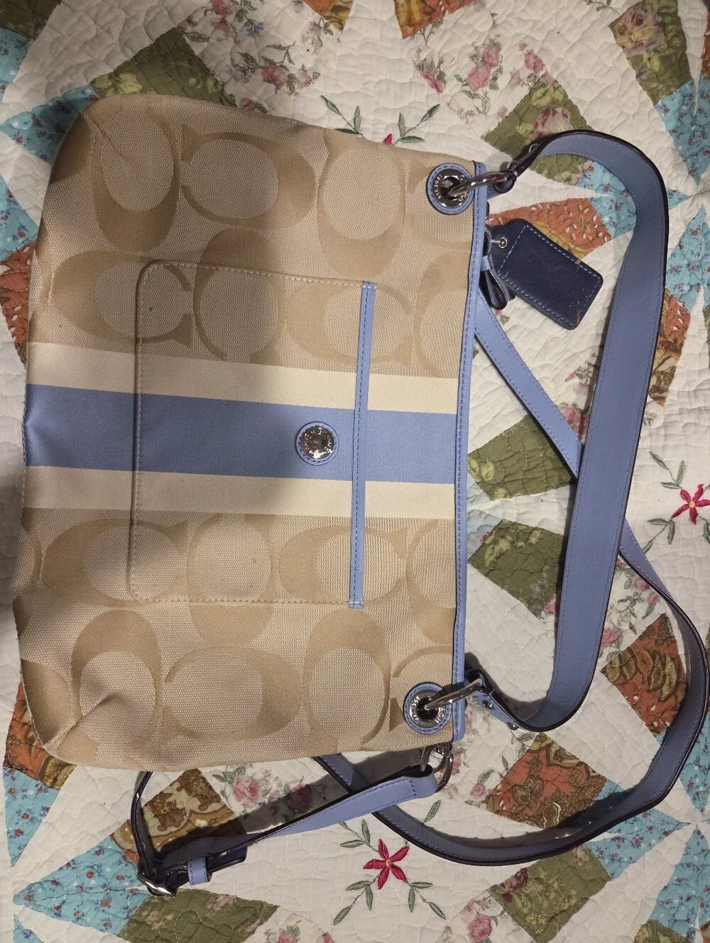 Coach Signature Canvas Shoulder Bag in Beige and Light Blue